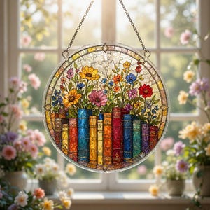 K&ouml;nnte beinhalten: Ein rundes Buntglasfenster, das an einer Kette h&auml;ngt. Das Design zeigt bunte Blumen &uuml;ber einer Reihe von B&uuml;chern. Die Blumen umfassen gelbe, rosa, rote und blaue Bl&uuml;ten. Die B&uuml;cher sind in verschiedenen Farben gehalten.