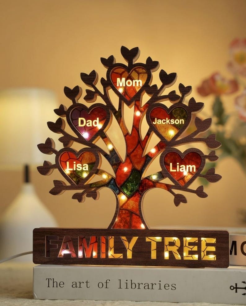Personalized Family Tree Suncatcher Night Light, Custom Name LED Lamp ...