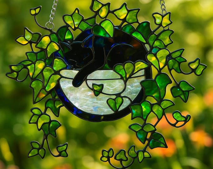 Black Cat Moon Suncatcher,  Style Window Hanging, Ivy Plant Acrylic Decor, Cozy Witchy Home Art, Cat Lover Gift