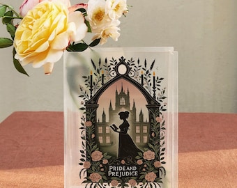 Stolz und Vorurteil Büchervase, Jane Austen Buchförmige Blumenvase, Vintage Leser Acrylvase, Romantisches Bücherregal Dekor