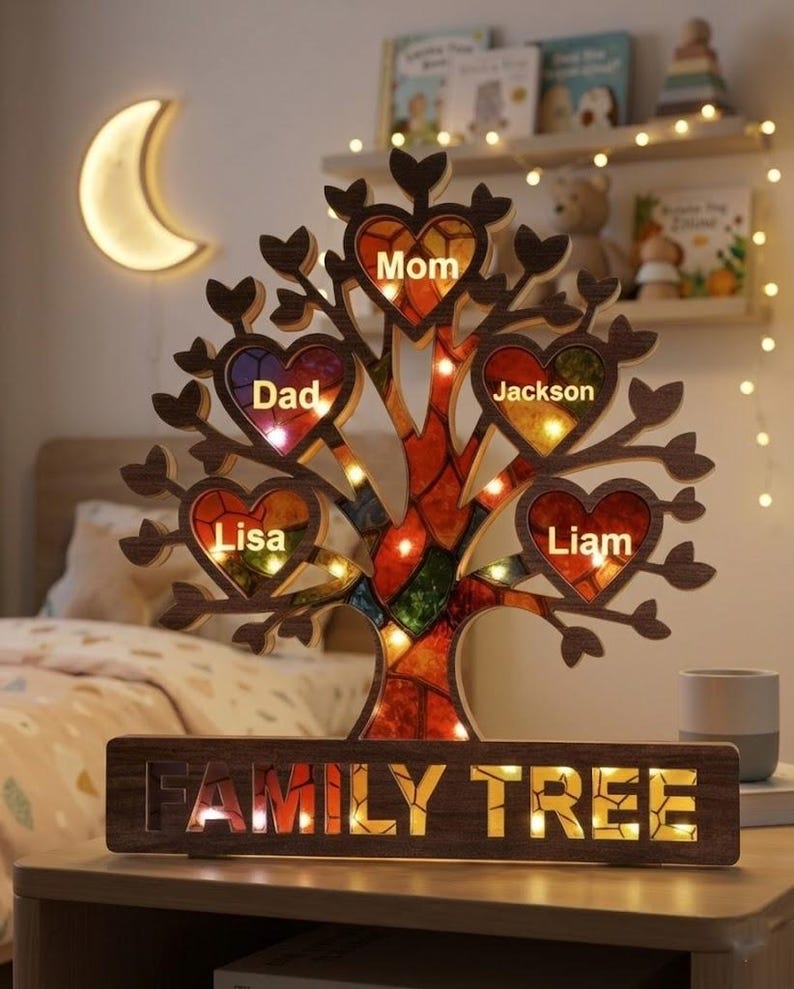 Personalized Family Tree Suncatcher Night Light, Custom Name LED Lamp ...