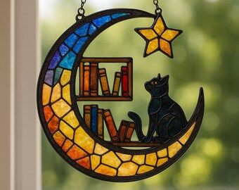Moon Cat Bookshelf Acrylic Suncatcher, Cat Book on Moon Faux Stained Glass Window Hanging,Bookish Sun Catcher Ornament,Cat Lover Sun Catcher