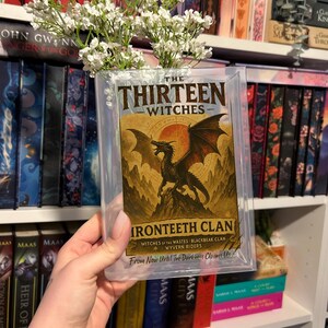 May include: A book cover for "The Thirteen Witches: Ironteeth Clan" featuring a dragon illustration in shades of brown and black. The book is encased in a clear plastic sleeve, with white flowers in a vase behind it. The book is on a shelf with other books.