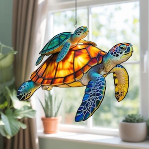 Turtle Acrylic Suncatcher, Tortoise Mom Faux Stained Glass Window Hanging, Sea Turtle Acrylic Window Hanging, Coastal Summer Turtle Decor