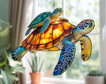 カラフルなウミガメのステンドグラス風窓用ステッカー 光沢あり、半