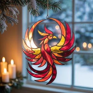 Phoenix Acrylic Suncatcher, Red Firebird Window Decor, Stained Glass Phoenix Ornament, Fantasy Sun Catcher, Mystical Holiday Decor
