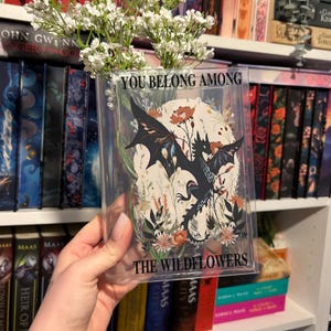 May include: A book cover featuring a black dragon in a field of wildflowers. The text on the cover reads "You Belong Among The Wildflowers".