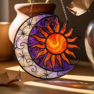 Sun and Moon Stained Glass Suncatcher, Celestial Acrylic Window Hanging Decor, Boho Sun Moon Panel, Solar Lunar Light Catcher for Window