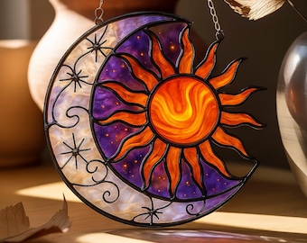 Sun and Moon Stained Glass Suncatcher, Celestial Acrylic Window Hanging Decor, Boho Sun Moon Panel, Solar Lunar Light Catcher for Window