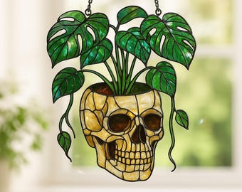 Skull & Monstera Acrylic Suncatcher, Monstera Ornament, Gothic Botanical Window Hanging Decor, Halloween Ghost Ornament, Plant Lovers Gift