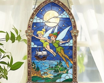 Peter Pan and Tinker Bell Acrylic Suncatcher, Flying Over Neverland Moonlight Window Hanging, Pirate Ship Fairytale Sun Catcher Decor