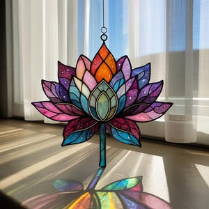 Lotus Flower Suncatcher Stained Glass, Lotus Acrylic Window Hanging Decor, Spiritual Boho Floral Ornament, Cosmic Lotus Light Catcher