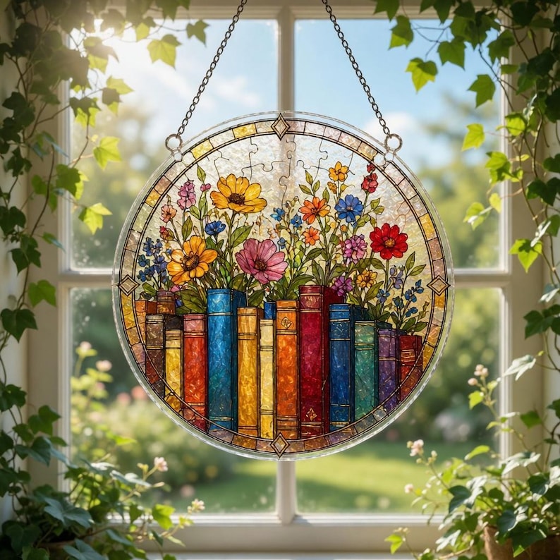 K&ouml;nnte beinhalten: Ein rundes Buntglasfenster, das an einer Kette h&auml;ngt. Das Fenster zeigt ein farbenfrohes Blumendesign mit einer Reihe von B&uuml;chern am unteren Rand. Die Blumen umfassen gelbe, rosa, rote und blaue Bl&uuml;ten. Der Hintergrund ist eine sonnige Szene im Freien.