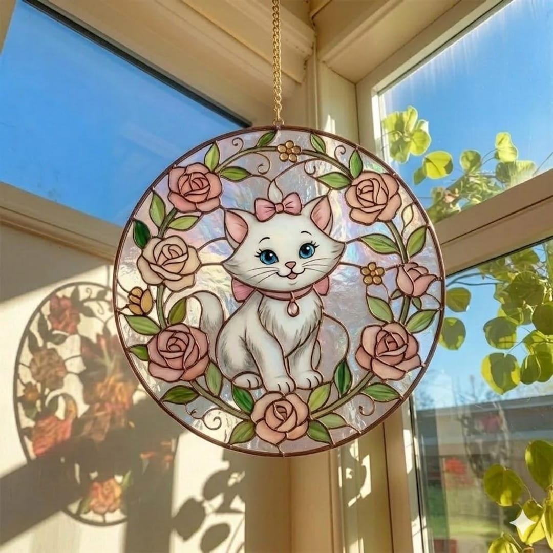 Disney Marie Cat Stained Glass Suncatcher, White Cat Window Hanging ...