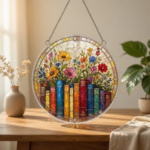 K&ouml;nnte beinhalten: Ein rundes Buntglasfenster mit einem farbenfrohen Blumendesign &uuml;ber einer Reihe von B&uuml;chern. Die Blumen sind gelb, rosa, orange und blau. Die B&uuml;cher sind in verschiedenen Farben gehalten, darunter rot, blau und gelb. Das Fenster h&auml;ngt an einer Kette.