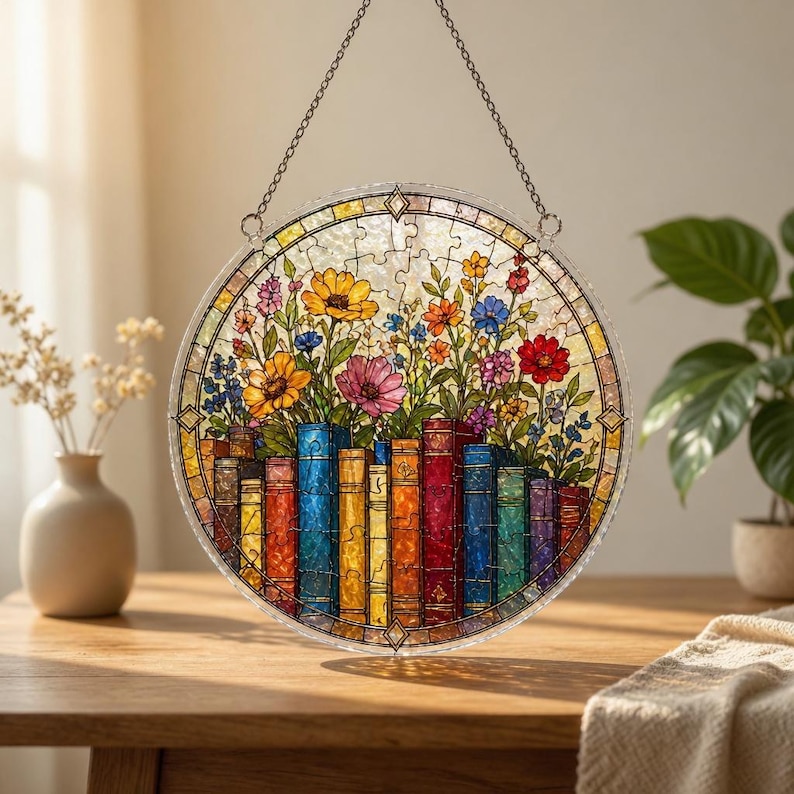 K&ouml;nnte beinhalten: Ein rundes Buntglasfenster mit einem farbenfrohen Blumendesign &uuml;ber einer Reihe von B&uuml;chern. Die Blumen sind gelb, rosa, orange und blau. Die B&uuml;cher sind in verschiedenen Farben gehalten, darunter rot, blau und gelb. Das Fenster h&auml;ngt an einer Kette.