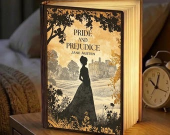 Lampada ispirata a Orgoglio e Pregiudizio, lampada a forma di libro di Jane Austen, lampada da lettura pieghevole in legno, lampada da notte ispirata a un romanzo classico, decorazione a tema letteratura classica, regalo per amanti dei libri.