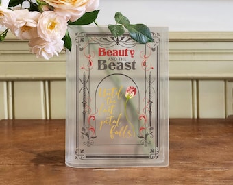 Die Schöne und das Biest Buchvase, Bis das letzte Blütenblatt fällt Belle Decor, Belle Book Club Acrylvase, Märchen Zitat Bücherwurm Geschenk