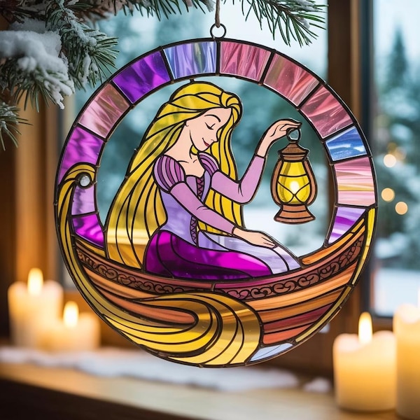 Adorno atrapasol de Rapunzel de Disney, decoración para ventana de Enredados, vitral de princesas Disney, regalo de Navidad de cuento de hadas, adorno de Princesa Perdida