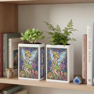 May include: Two white rectangular planters with a stained-glass design featuring Tinkerbell. The planters hold green plants and have the text "Custom Name" on the side. The planters are on a wooden shelf with books and decorative items.