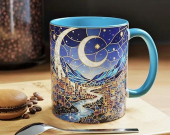 Tazza in stile vetrate colorate Velaris City, tazza da caffè The Night Court ACOTAR, tazza da tè Starry Moon Fantasy City Art, tazza Fantasy Reader