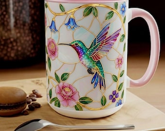 Hummingbird Stained Glass Mug, Colorful Floral Bird Coffee Mug, Single Hummingbird Art Mug, Botanical Nature Tea Cup, Hummingbird Lover Gift