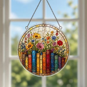 K&ouml;nnte beinhalten: Ein rundes Buntglasfenster, das an einer Kette h&auml;ngt. Das Fenster zeigt ein farbenfrohes Design von B&uuml;chern, aus denen Blumen wachsen. Die Blumen sind gelb, rosa, rot, orange und blau. Das Fenster ist mit einem geometrischen Muster umrandet.