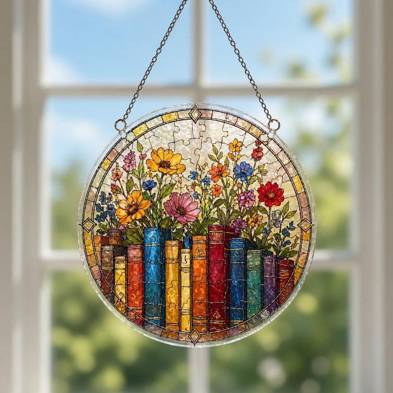 K&ouml;nnte beinhalten: Ein rundes Buntglasfenster, das an einer Kette h&auml;ngt. Das Fenster zeigt ein farbenfrohes Design von B&uuml;chern, aus denen Blumen wachsen. Die Blumen sind gelb, rosa, rot, orange und blau. Das Fenster ist mit einem geometrischen Muster umrandet.