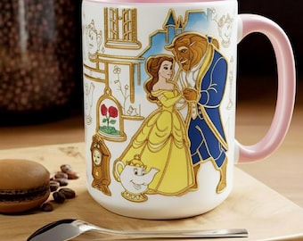 Tazza in stile vetro colorato La Bella e la Bestia, tazza da caffè La Bella e la Bestia, tazza artistica da favola con rosa incantata, tazza da tè con principessa Disney