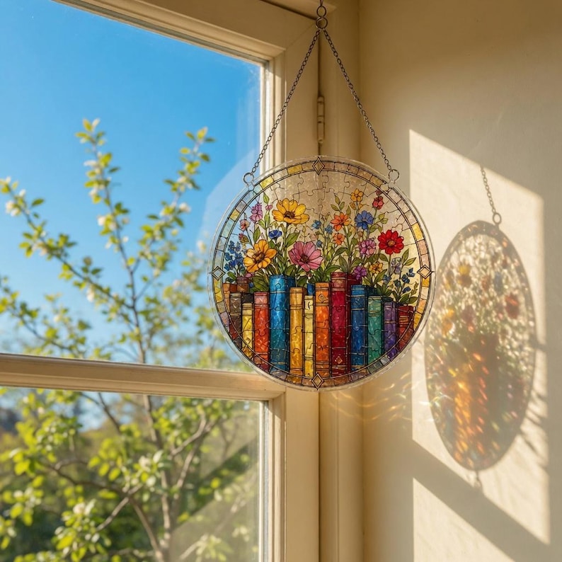K&ouml;nnte beinhalten: Ein runder, h&auml;ngender Glasfenster mit einem farbenfrohen Blumen- und Buchdesign. Das Fenster zeigt eine lebendige Anordnung von Blumen in Gelb, Rosa, Blau und Rot &uuml;ber einer Reihe von B&uuml;chern. Die B&uuml;cher sind in verschiedenen Farben gehalten und tragen zur dekorativen Wirkung bei.