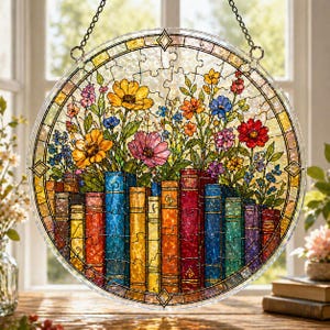 May include: A round stained glass window featuring a colorful floral design above a row of books. The flowers include yellow, pink, red, and blue blooms. The books are in various colors, including blue, red, and yellow.