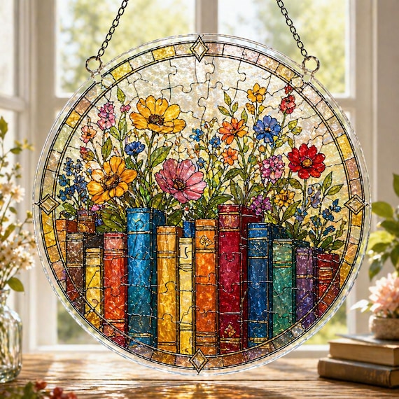 Bookcase Acrylic Suncatcher Puzzle, DIY Sun Catcher Kit, Acrylic Puzzle Suncatcher for Book Lover, Unique Puzzle Piece Gift, Librarian Gift