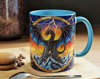 Tazza in stile vetro colorato con drago della quarta ala, tazza da caffè con drago fulmine del Basgiath War College, tazza artistica fantasy con cavaliere del drago, tazza da tè libresca