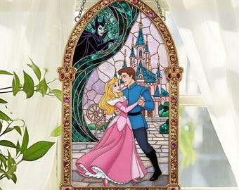 Sleeping Beauty Acrylic Suncatcher, Princess Aurora Maleficent Art, Fairytale Castle Window Decor, Fantasy Disney Ornament, Disney Princess
