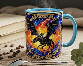 Tazza in stile vetrata con drago della quarta ala, tazza da caffè fantasy con cavaliere del drago fulmineo, tazza d'arte del Basgiath War College, tazza da tè libresca
