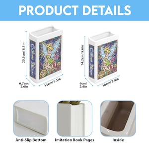 May include: Two white ceramic book-shaped vases with a colorful fairy design. Each vase is 2.6 inches wide, 5.1 inches long, and 8.1 inches tall. The text "Custom Name" is on the side. The bottom has an anti-slip feature.