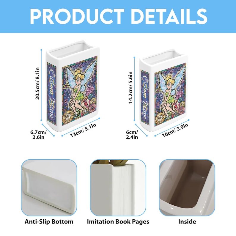 May include: Two white ceramic book-shaped vases with a colorful fairy design. Each vase is 2.6 inches wide, 5.1 inches long, and 8.1 inches tall. The text "Custom Name" is on the side. The bottom has an anti-slip feature.