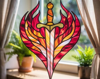 Fireheart Acrylic Suncatcher, Flame Sword Stained Glass Ornament, Fantasy Sword Window Hanging, Warrior Decor,Throne of Glass Inspired Decor