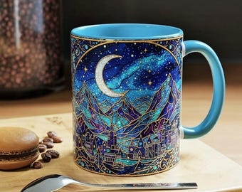 Tazza in stile vetro colorato City of Starlight, tazza da caffè Velaris Night Court, tazza ACOTAR, tazza artistica Moonlight Fantasy City, tazza da tè celeste libresca