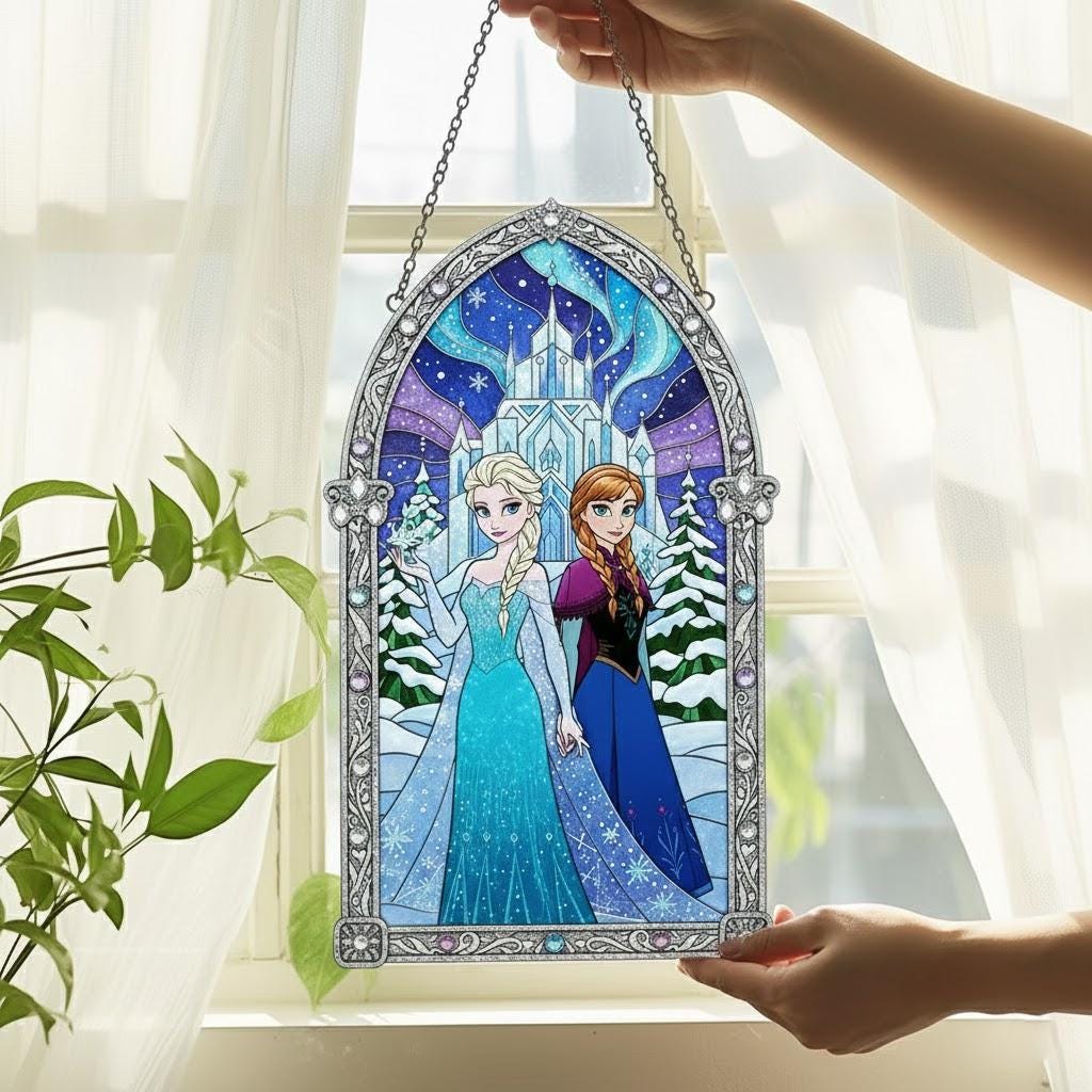 Elsa and Anna Acrylic Suncatcher, Frozen Sisters Window Decor, Ice