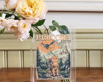 Broccoli the Fierce Book Vase, Fantasy Cat Flower Vase, Quest Squad Book Lover Gift, Dragon Adventure Acrylic Vase, Book Vase for Readers