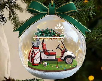 Aangepaste golfkar acrylornament, golfliefhebbers kerstornament 2025, gepersonaliseerd golferornament, golfclubaandenken, cadeau voor golfvader