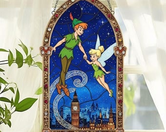 Peter Pan and Tinker Bell Acrylic Suncatcher, Flying Over London Big Ben Window Hanging, Neverland Fairytale Sun Catcher, Tinkerbell Gift