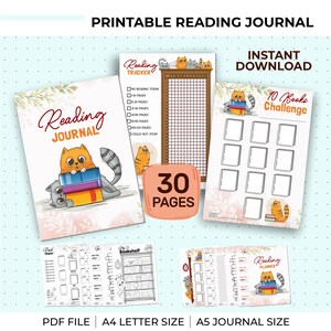 May include: Printable reading journal with 30 pages featuring a cute cat illustration. The journal includes a reading tracker, a 10 books challenge, and a bookshelf page. The journal is available for instant download in PDF format and is printable in A4 or A5 size.