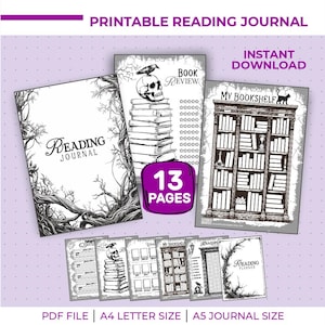 Puede incluir: Un diario de lectura imprimible con temática gótica. La portada presenta un diseño de ramas de árboles y las palabras "Reading Journal". Otras páginas incluyen una reseña de libro, una estantería y un planificador. El diario tiene 13 páginas y está disponible en tamaños A4 y A5.
