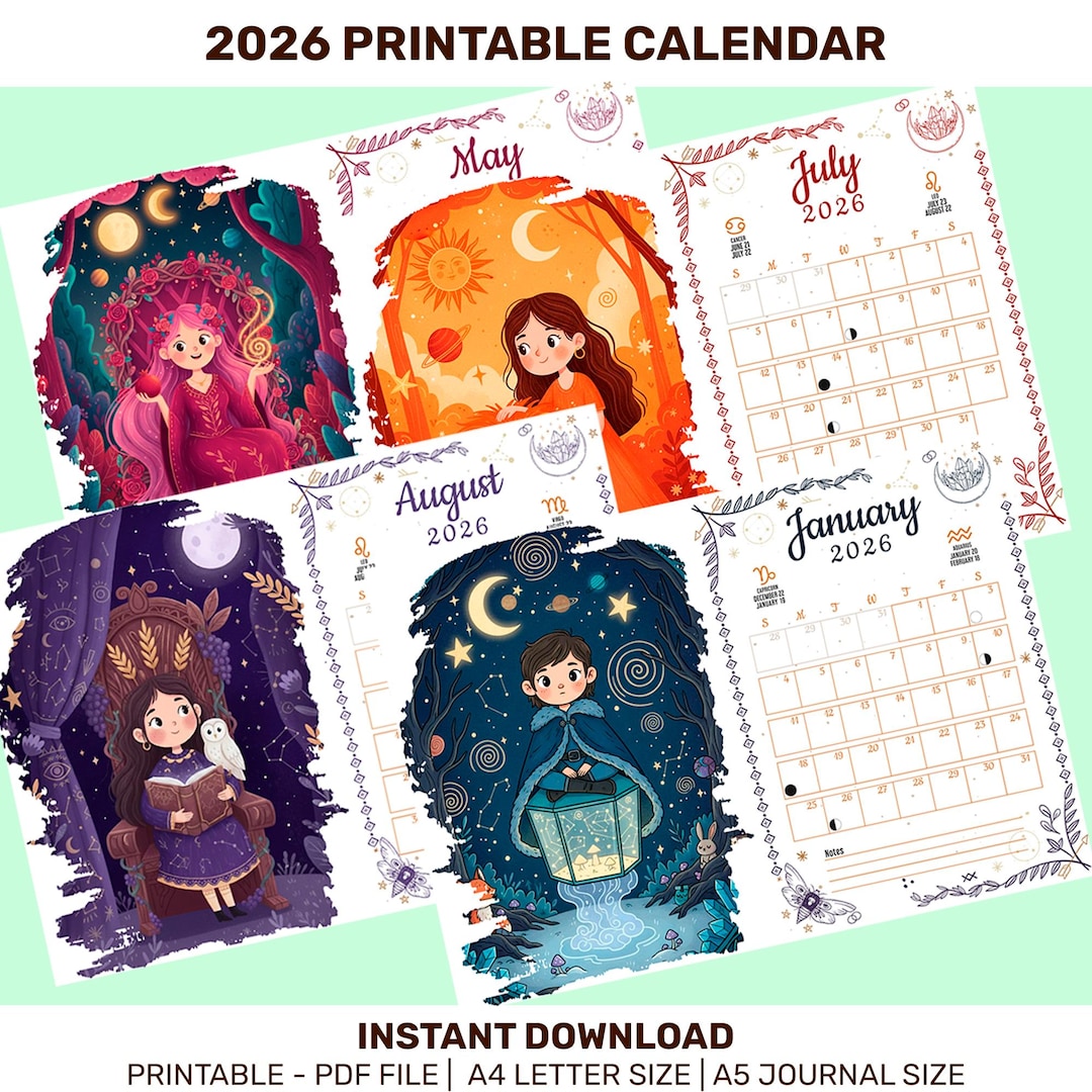 Mystical 2026 Printable Calendar | 12 Months of Tarot Card & Astrology ...