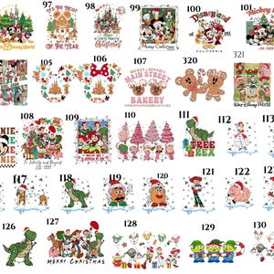 May include: A collection of Christmas-themed Disney character designs. The images feature Mickey Mouse, Minnie Mouse, and other characters in festive settings, with text like "Merry Christmas" and "Disneyland".