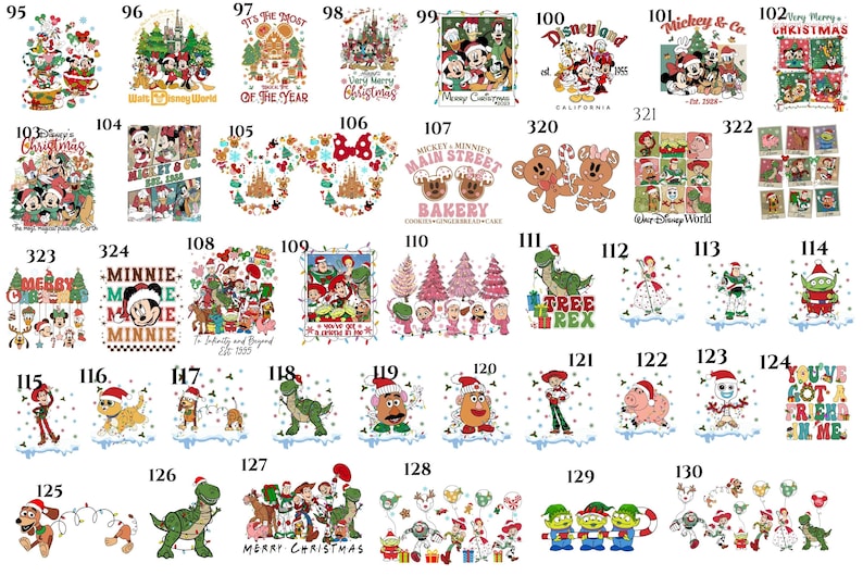 May include: A collection of Christmas-themed Disney character designs. The images feature Mickey Mouse, Minnie Mouse, and other characters in festive settings, with text like "Merry Christmas" and "Disneyland".