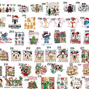 May include: A collection of Christmas-themed designs featuring Disney characters. Designs include Mickey and Minnie Mouse, Donald Duck, Stitch, and other characters in festive attire. The designs are colorful and suitable for holiday-themed products.