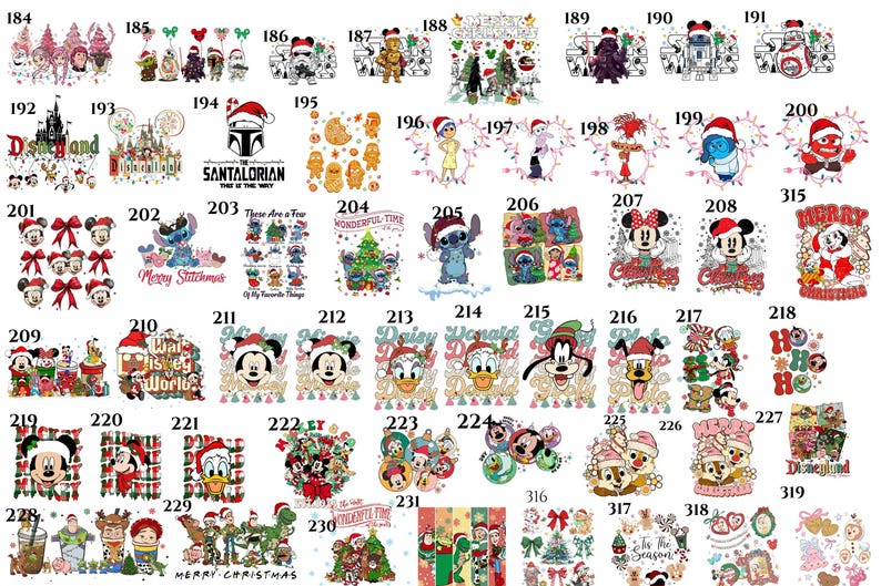 May include: A collection of Christmas-themed designs featuring Disney characters. Designs include Mickey and Minnie Mouse, Donald Duck, Stitch, and other characters in festive attire. The designs are colorful and suitable for holiday-themed products.